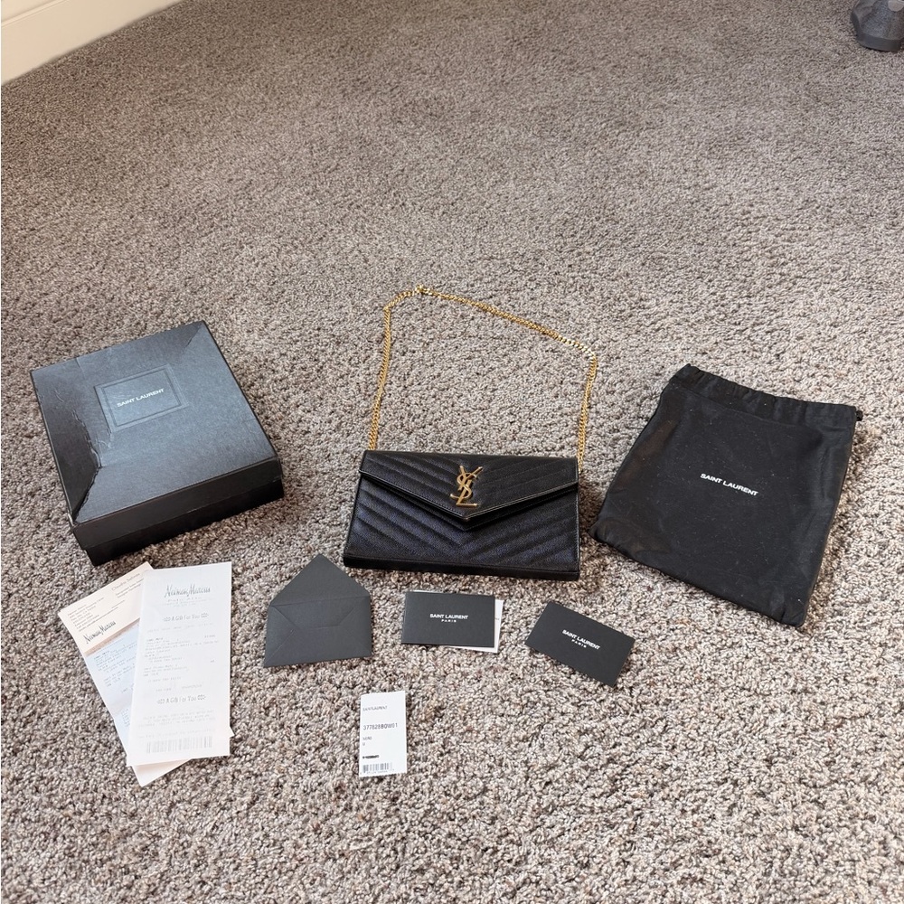 Yves Saint Laurent Black Monogram Envelope Wallet on Chain - Picture 8 of 9